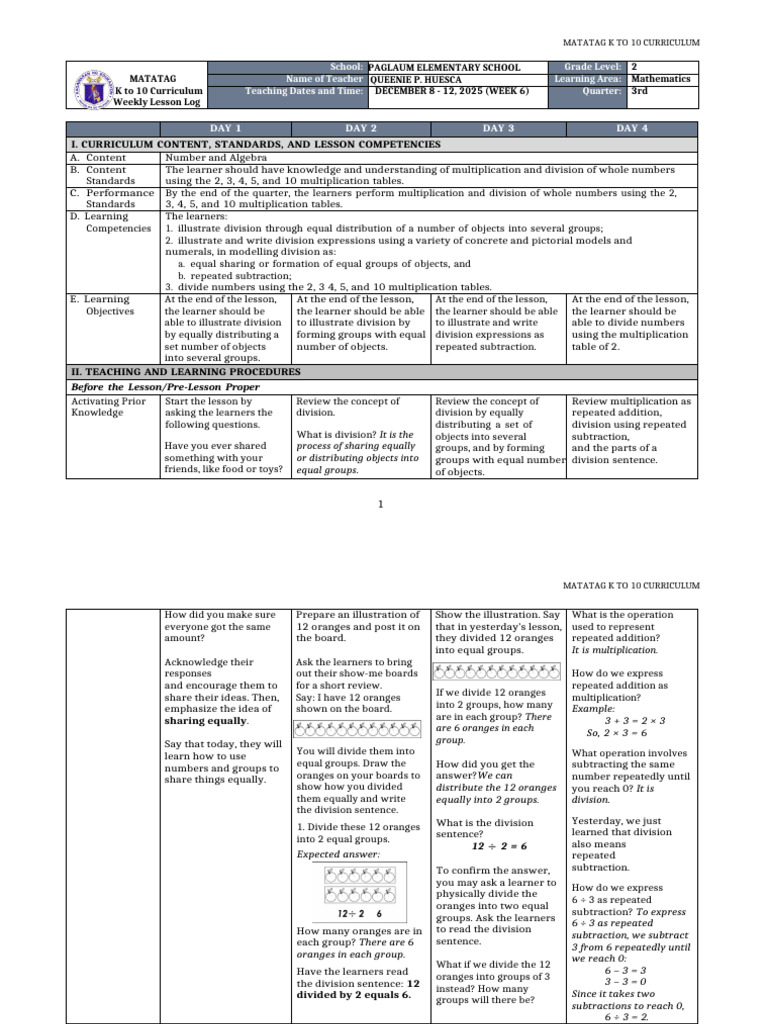 K-10 Math Weekly Lesson Plan: Division | PDF | Division (Mathematics ...