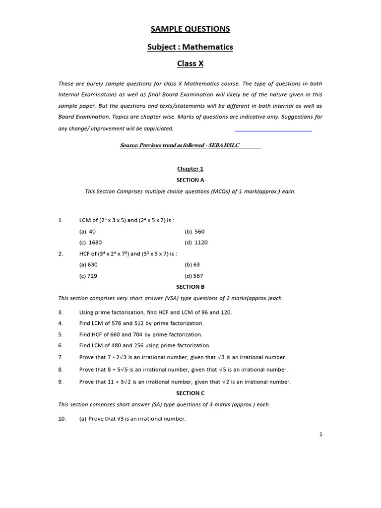 Class X Mathematics Sample Questions | PDF | Circle | Numbers