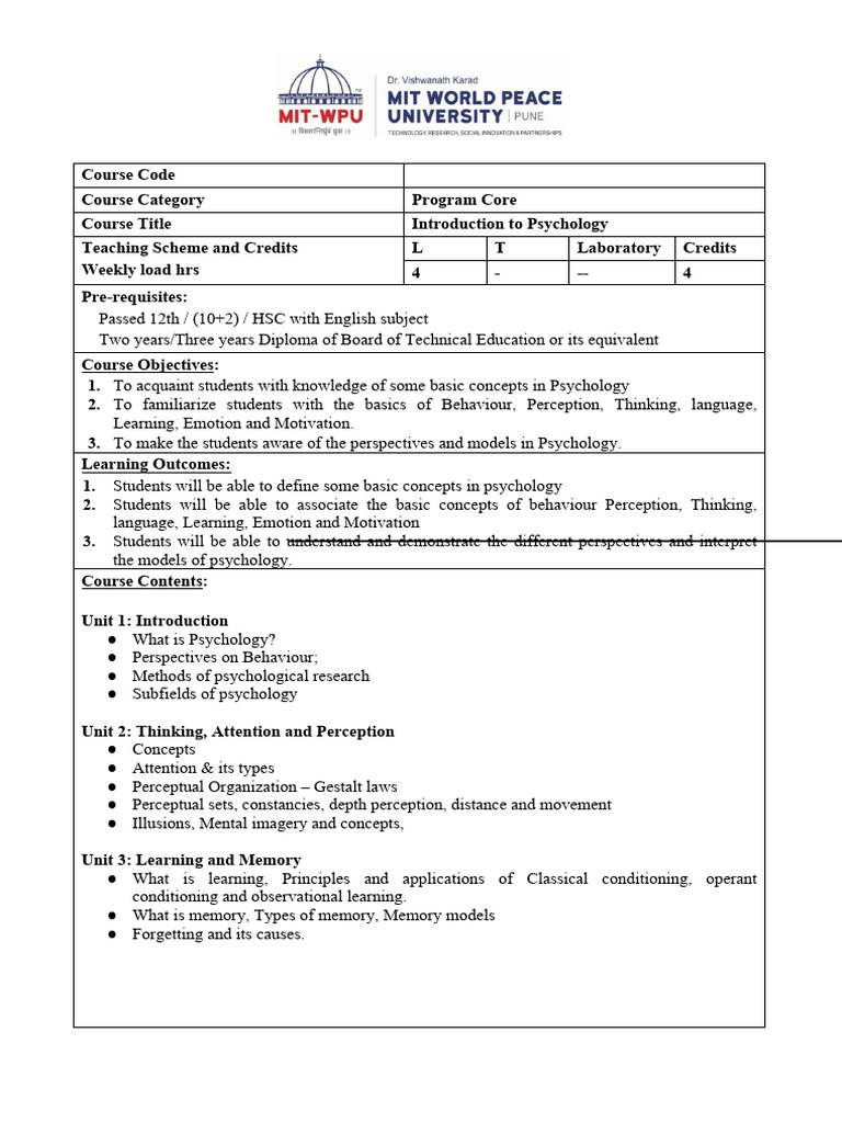 Introduction to Psychology Course Overview | PDF | Perception | Psychology