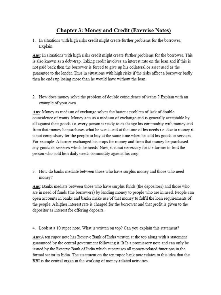 Money and Credit (Exercise Notes) | PDF | Loans | Finance & Money ...