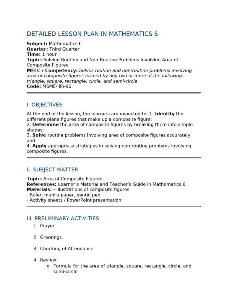 Area of Composite Figures Lesson Plan | PDF | Area | Shape