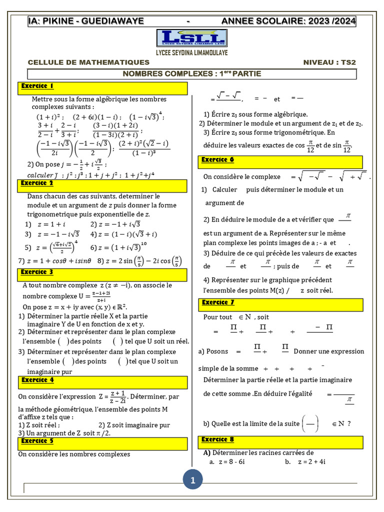 Nombres Complexes : Exercices et Solutions | PDF | Nombre complexe ...
