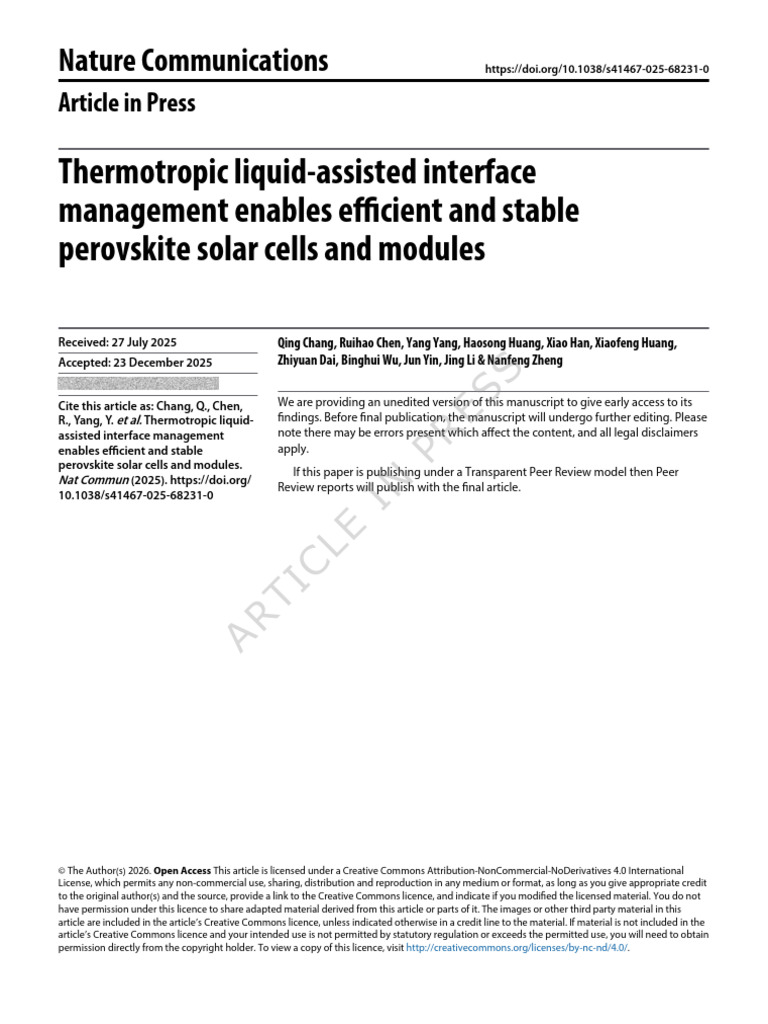 Thermotropic Liquid-Assisted Interface Management Enables Efficient and ...