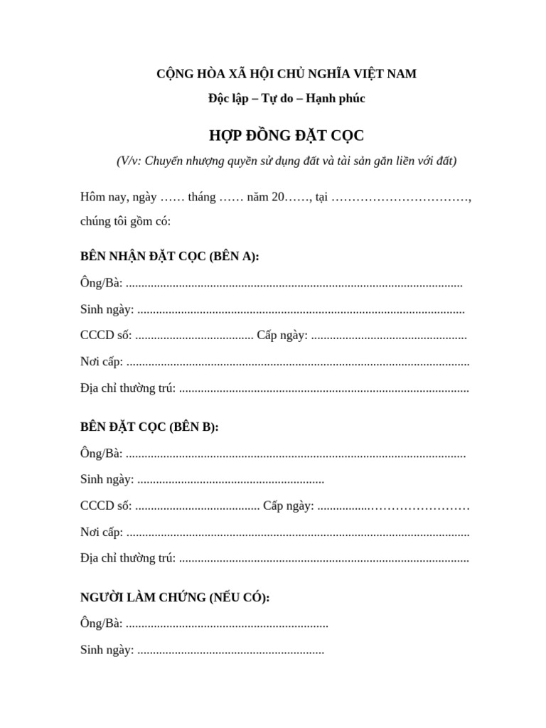 Hop Dong Dat Coc Word Hoan Chinh | PDF