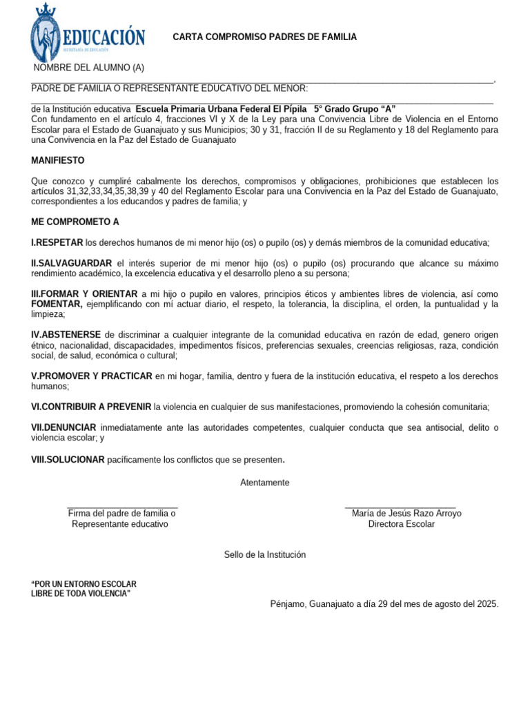 Compromiso de Padres para Convivencia Escolar | PDF | Violencia | Familia