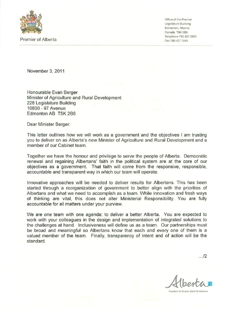 Agriculture and Rural Development Mandate Letter | PDF