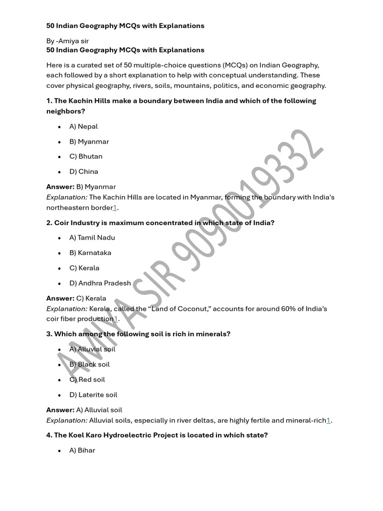 Indian Geography MCQs with Explanations | PDF | Earth Sciences