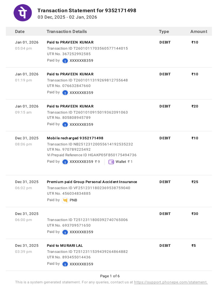Transaction Statement for 9352171498 | PDF | Debit Card | Personal Finance