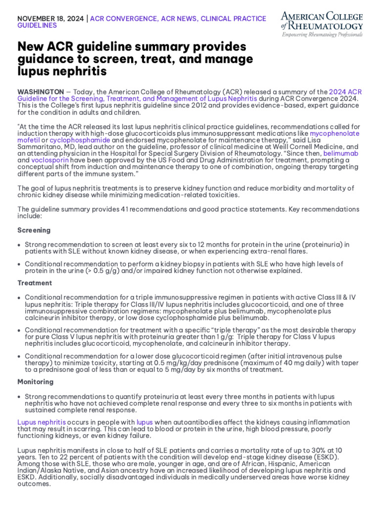 2024 ACR Guidelines for Lupus Nephritis | PDF | Rheumatology | Diseases ...