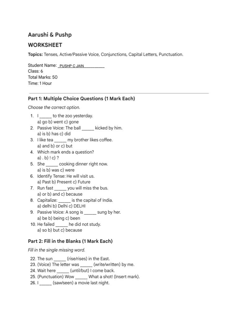 Grammar Worksheet for Class 6 Students | PDF | Language Mechanics | Syntax