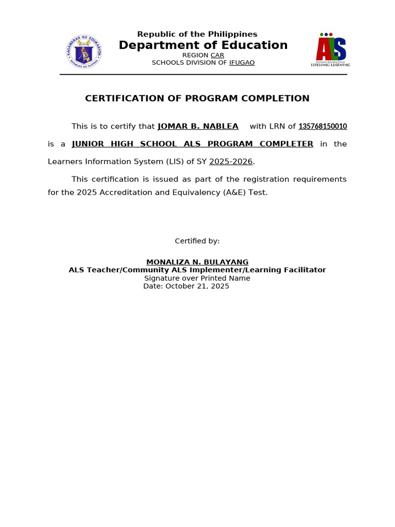 ALS Program Completion Certification | PDF