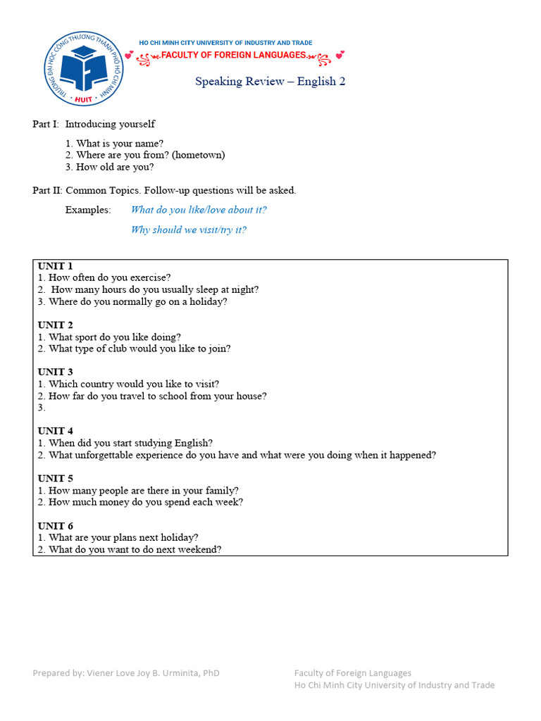 Speaking Review English 2 - MR LJ | PDF
