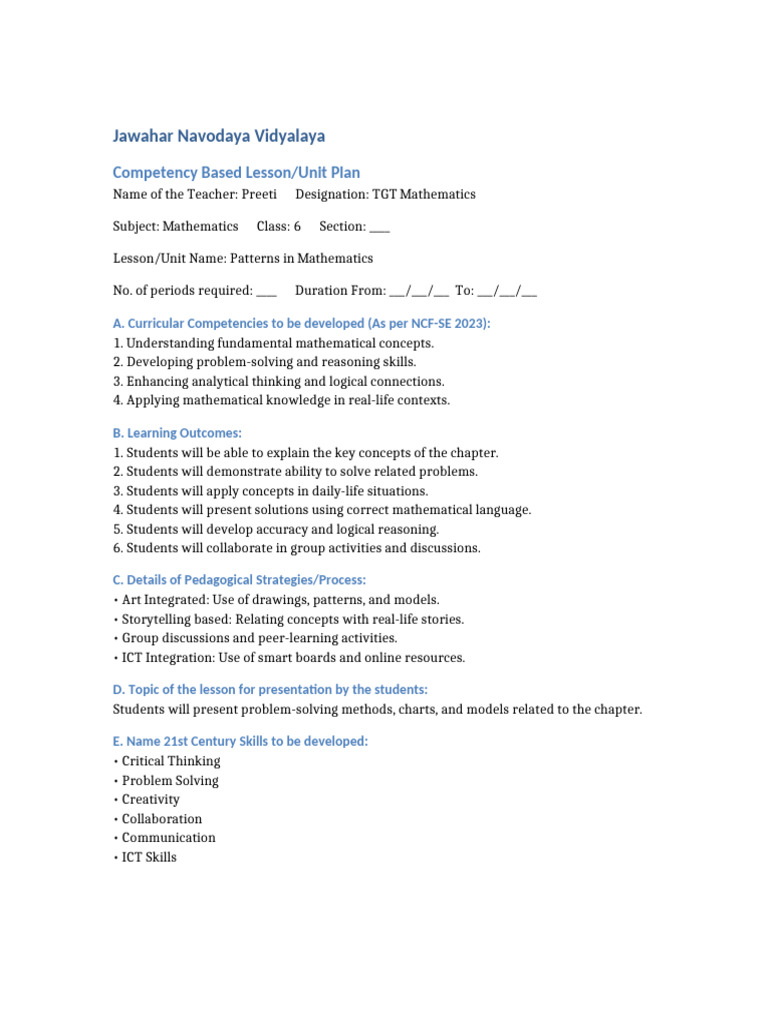 Class 6 Math Lesson Plan: Patterns | PDF | Educational Technology ...
