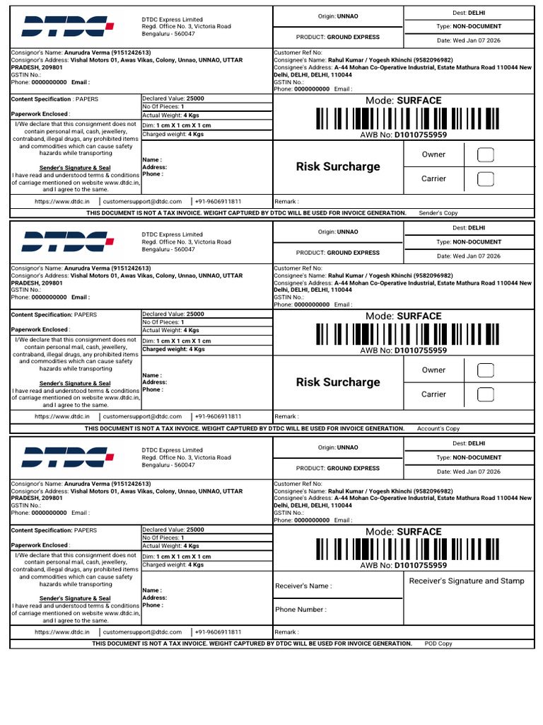 DTDC Ground Express Shipment Details | PDF | Mail