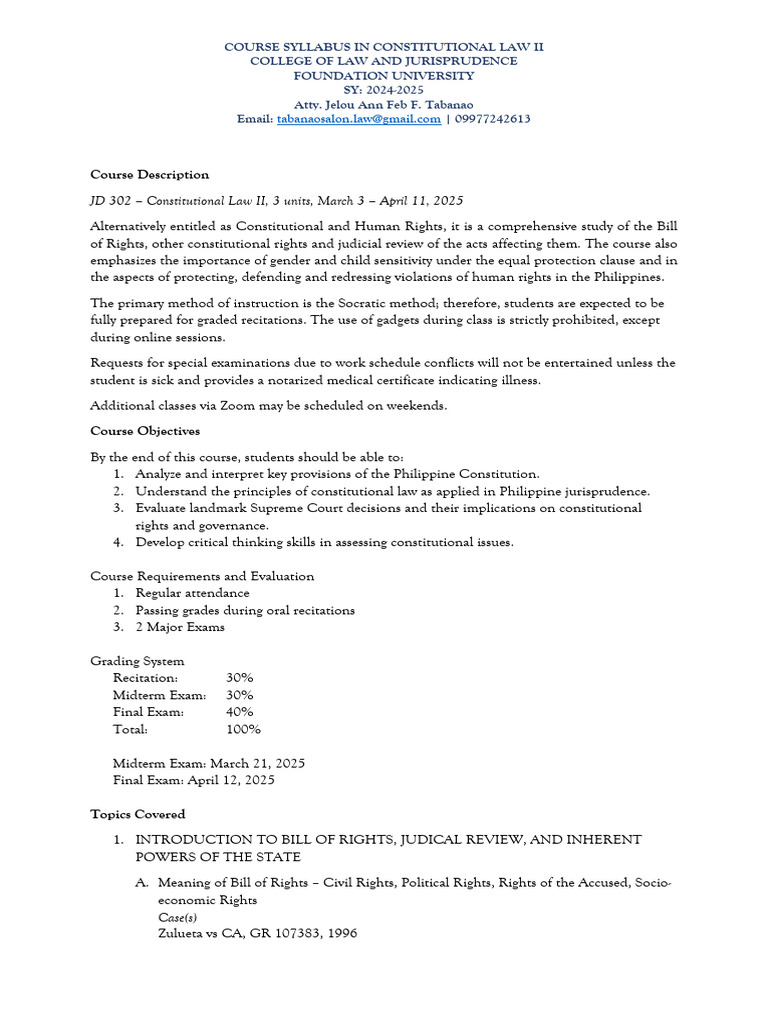 Constitutional Law II Syllabus 2024-2025 | PDF | Search And Seizure ...