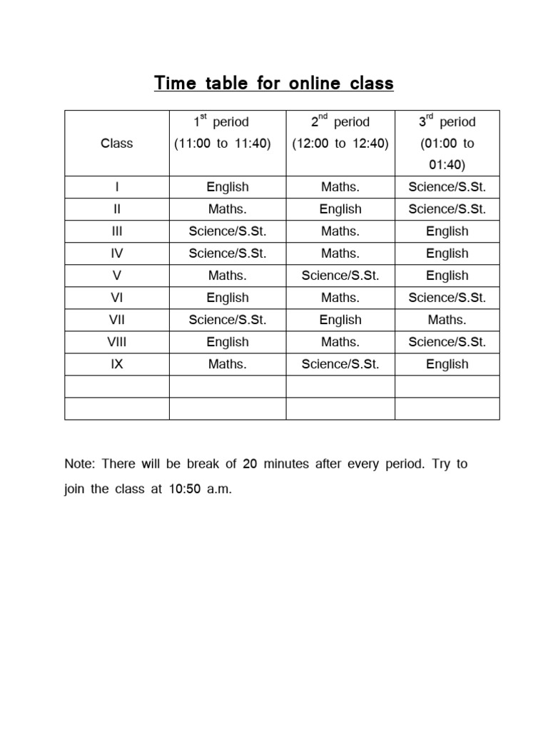 Time Table for Online Class | PDF