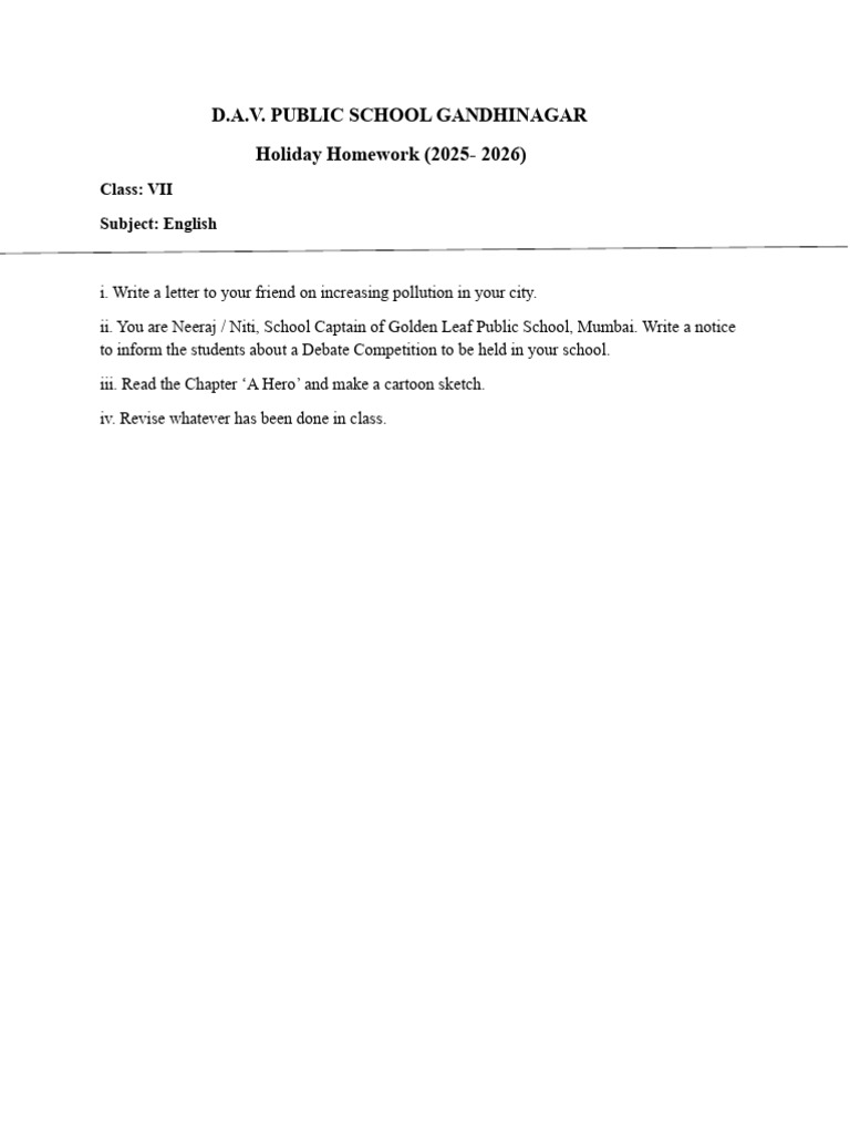 Class VII English Holiday Homework 2025-2026 | PDF