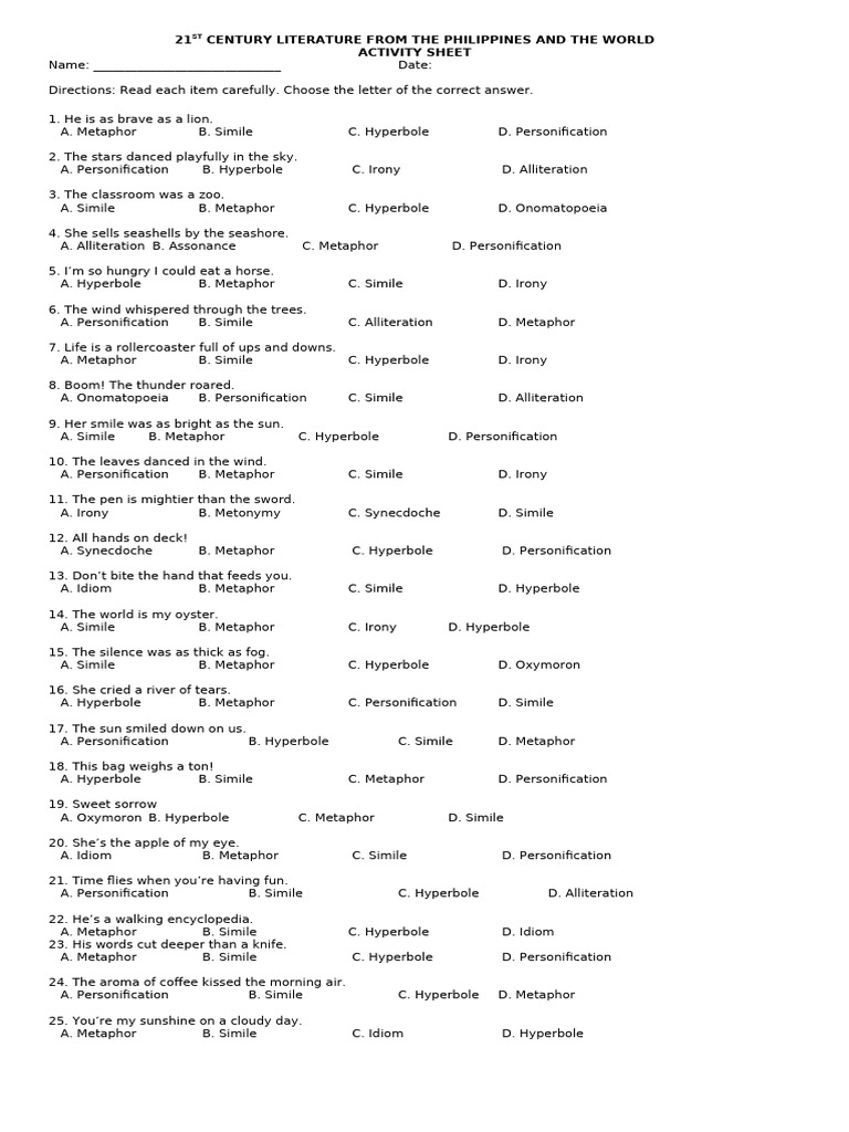 Literary Devices Activity Sheet | PDF | Metaphor | Rhetorical Techniques