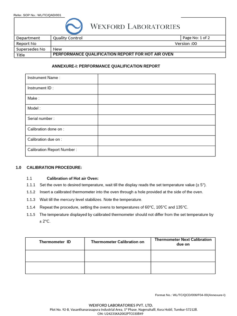 Hot Air Oven Performance Qualification Report | PDF | Thermometer ...