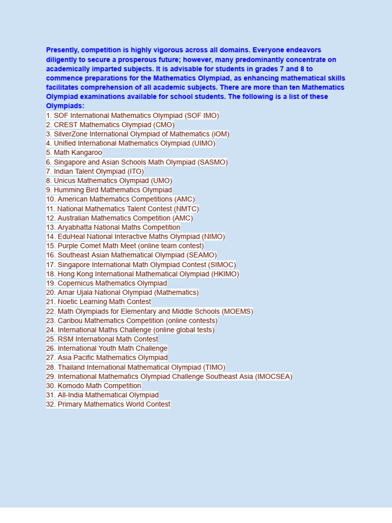 Top 32 Math Olympiads for Students | PDF