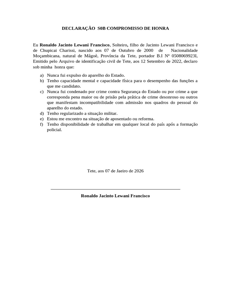 Declaração de Compromisso de Honra | PDF