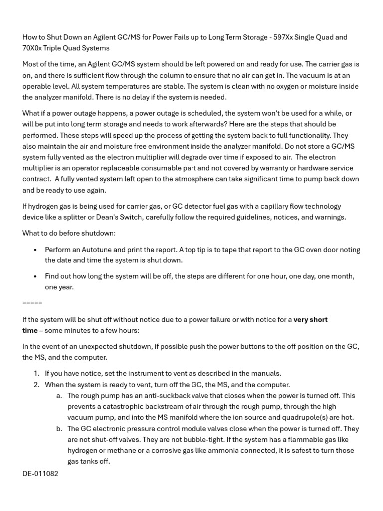 Agilent GC/MS Shutdown Procedures Guide | PDF | Gas Chromatography–Mass ...