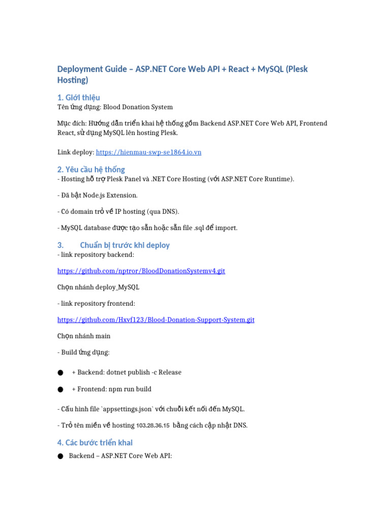 Deployment Guide Plesk AspNet React MySQL | PDF