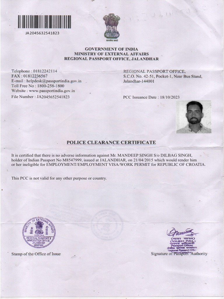 PCC for Mandeep Singh - Croatia Employment | PDF