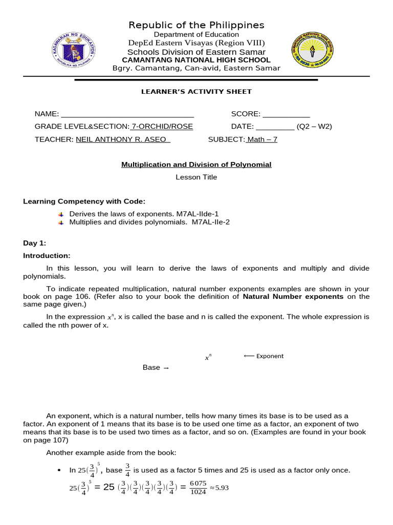 LAS MATH-7(Q2-W6 2021) | PDF | Division (Mathematics) | Exponentiation