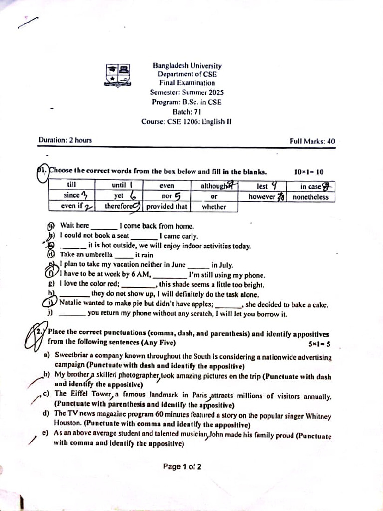 Batch 71 - Day (2nd Semester Final Question) | PDF
