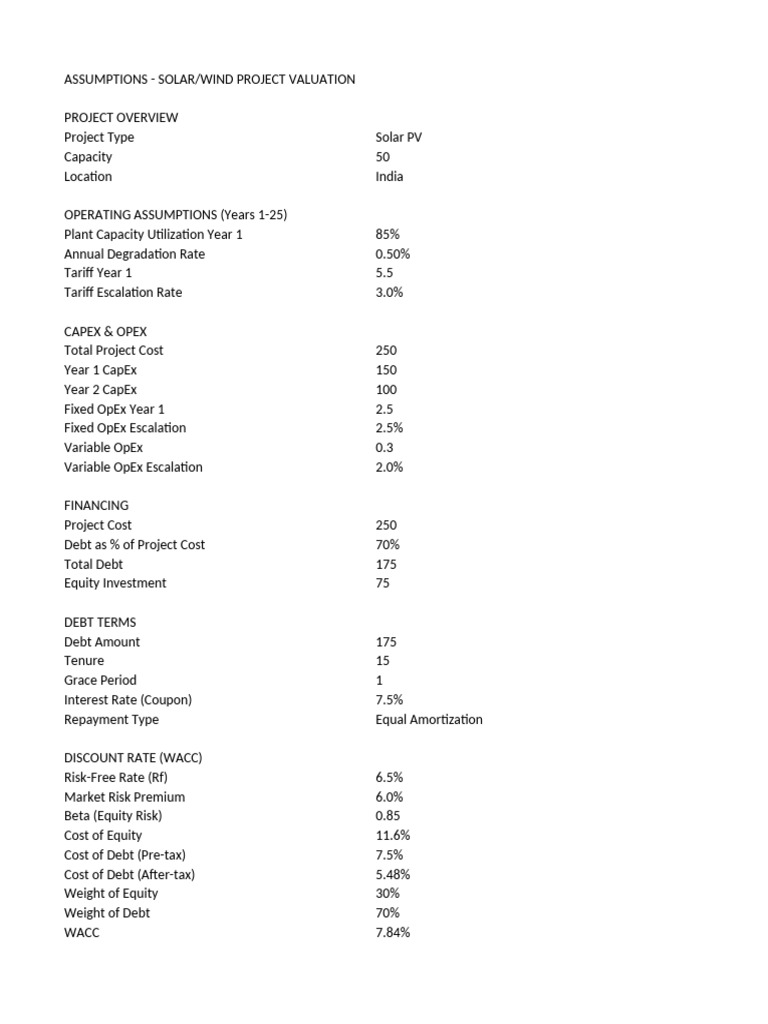 Solar Wind Project Valuation Assumptions | PDF | Financial Services | Money
