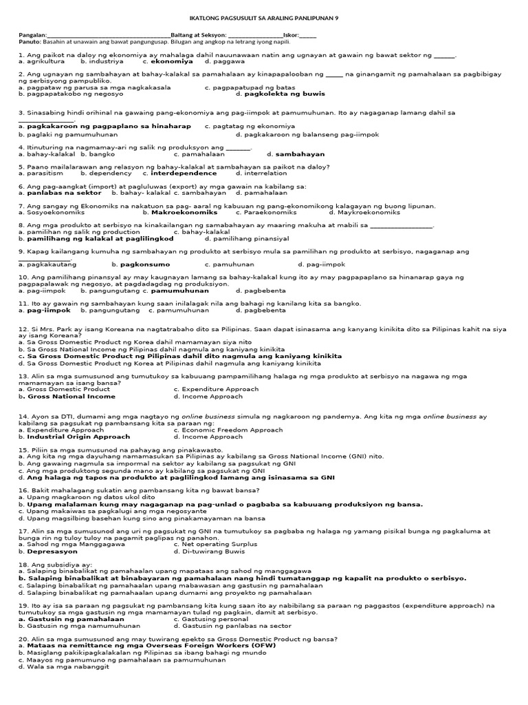 AP9 Q3 Test Questions K2C | PDF
