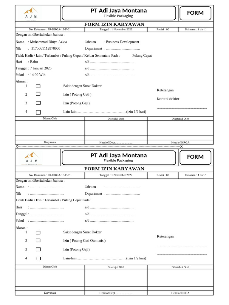 Form Izin Karyawan PT Adi Jaya Montana | PDF