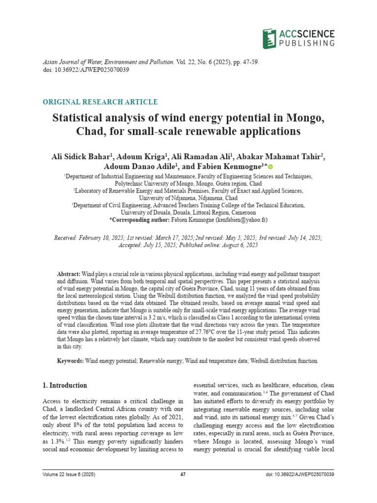 Statistical analysis of wind energy potential in Mongo, Chad, for small ...