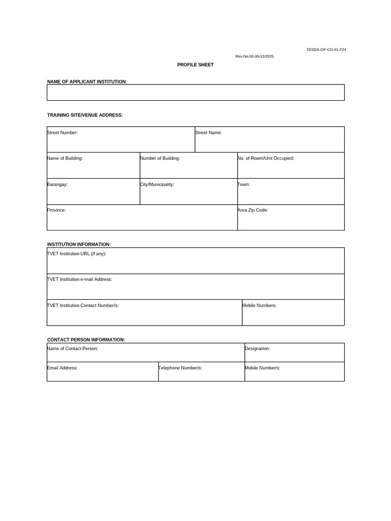 TESDA Training Institution Profile Sheet | PDF