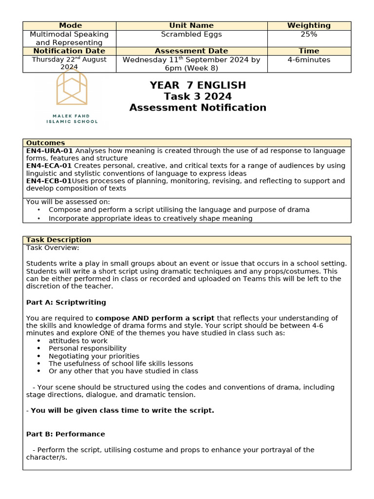 Year 7 Drama Script Assessment Guide | PDF | Embodied Cognition | Body ...