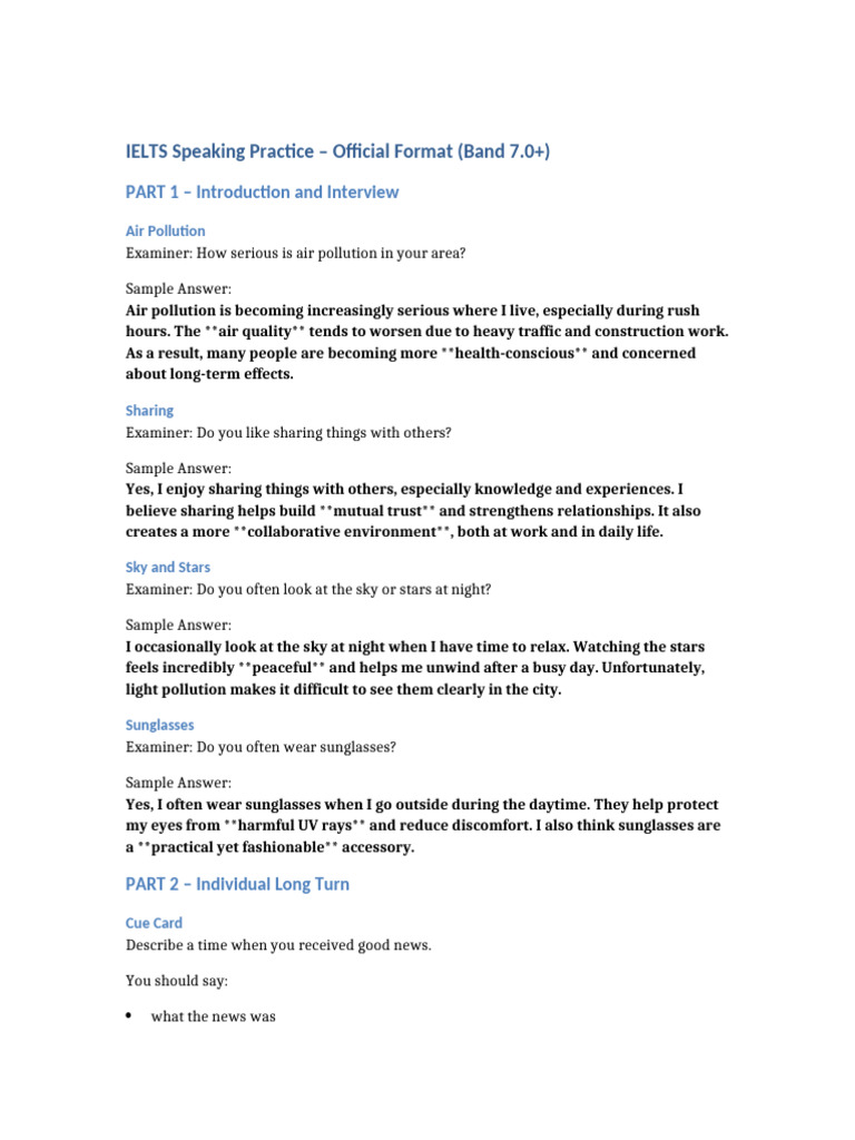 IELTS Speaking Practice: Band 7+ Tips | PDF | Intelligence | Sunglasses