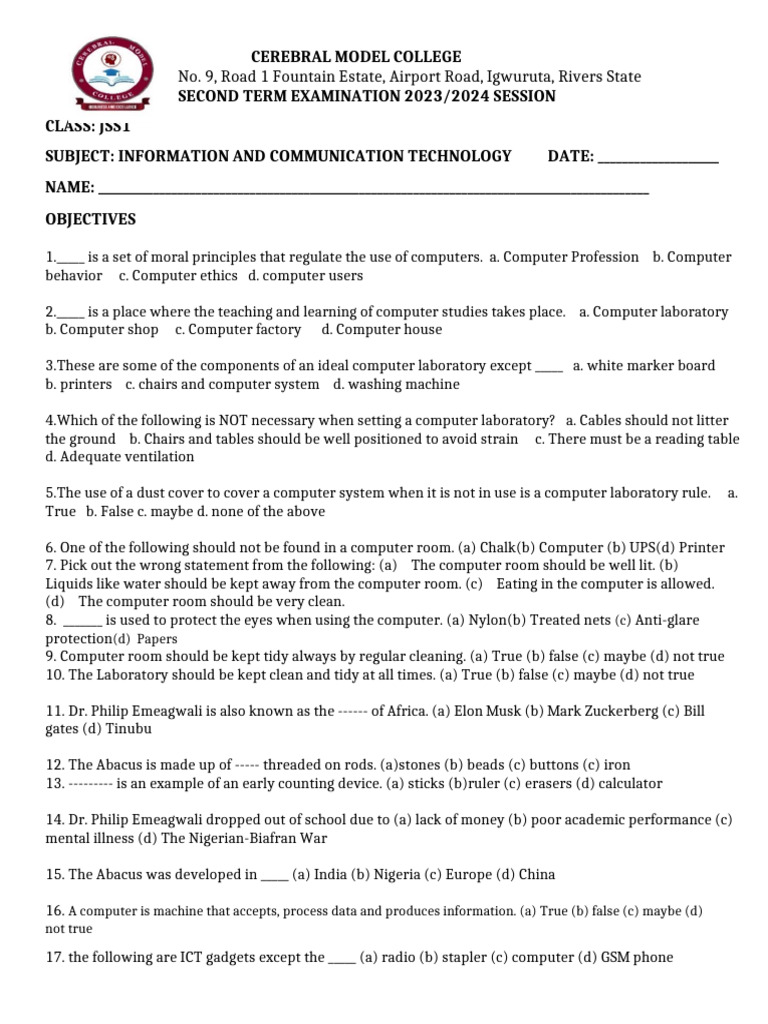 JSS1 ICT Second Term Exam 2023/2024 | PDF | Spreadsheet | World Wide Web