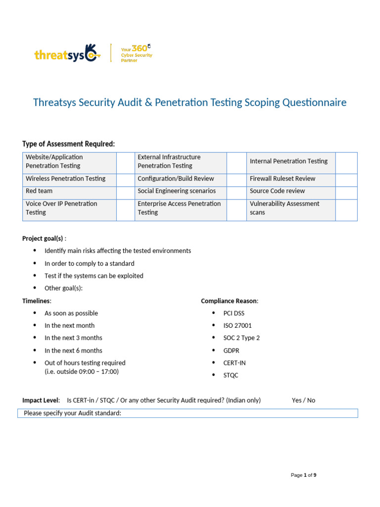Threatsys VAPT Scoping Questionnaire All | PDF | Phishing | Security