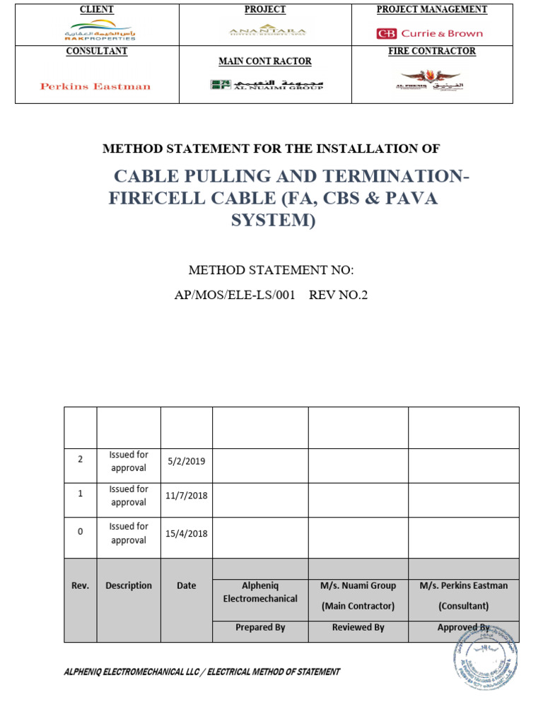 Cable Pulling & Termination Method Statement | PDF | Electrical Wiring ...
