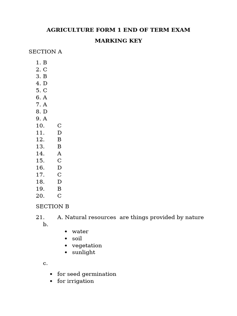 Agriculture Form 1 Exam Marking Key | PDF | Agriculture | Farmer