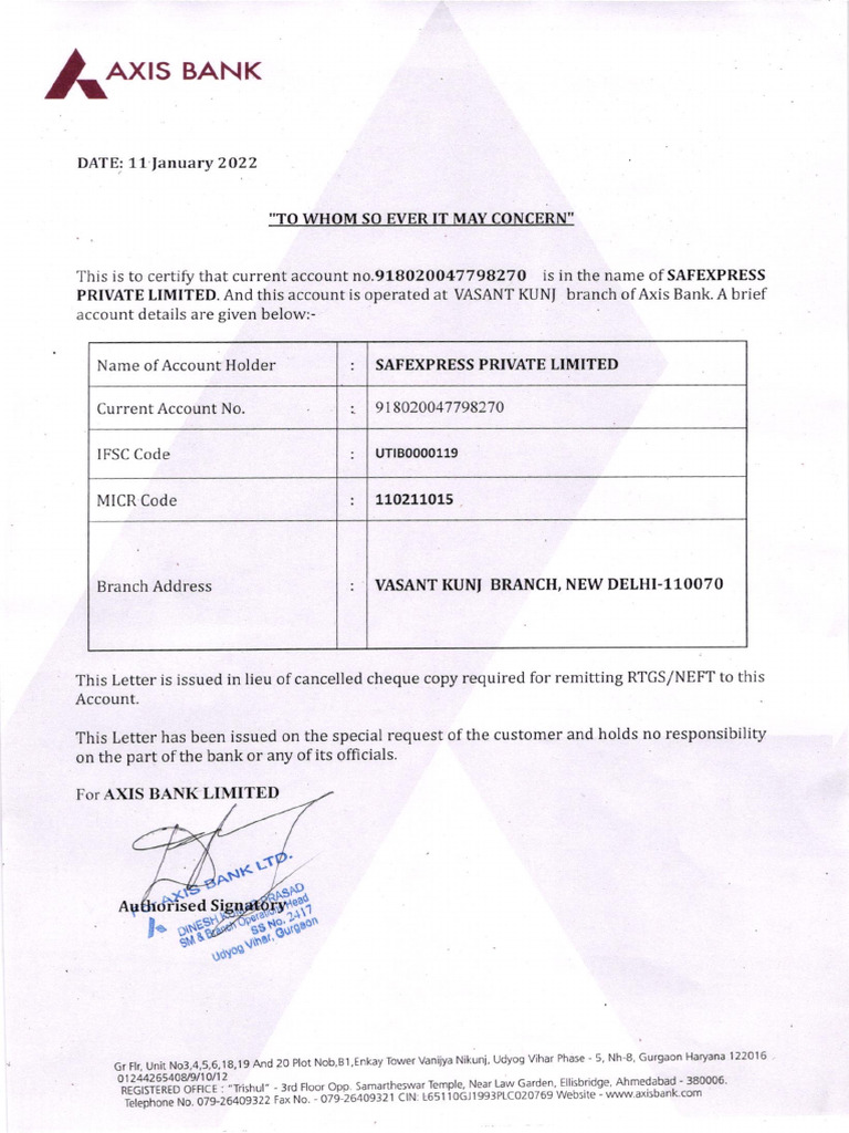 Axis Bank Account Certification Letter | PDF