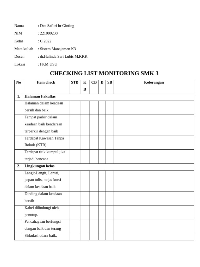 Checklist Monitoring K3 FKM USU | PDF