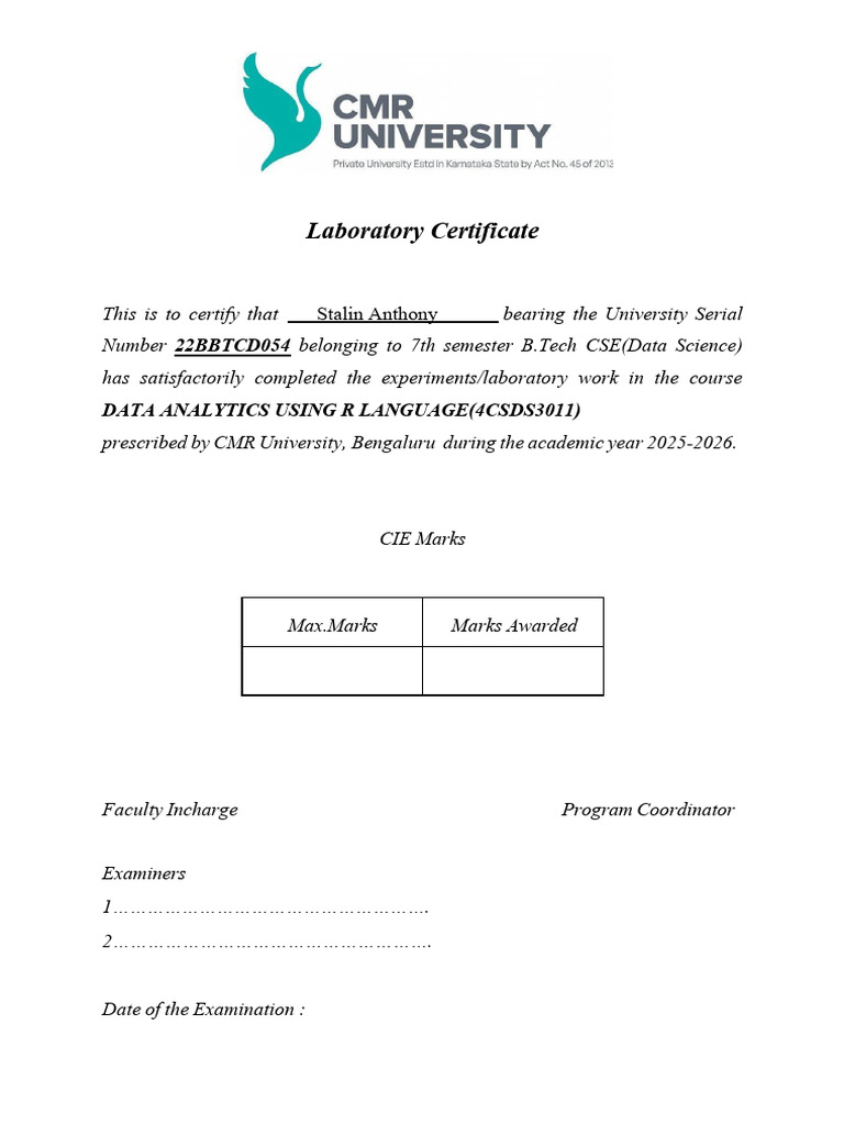 Laboratory Certificate for Data Analytics R | PDF