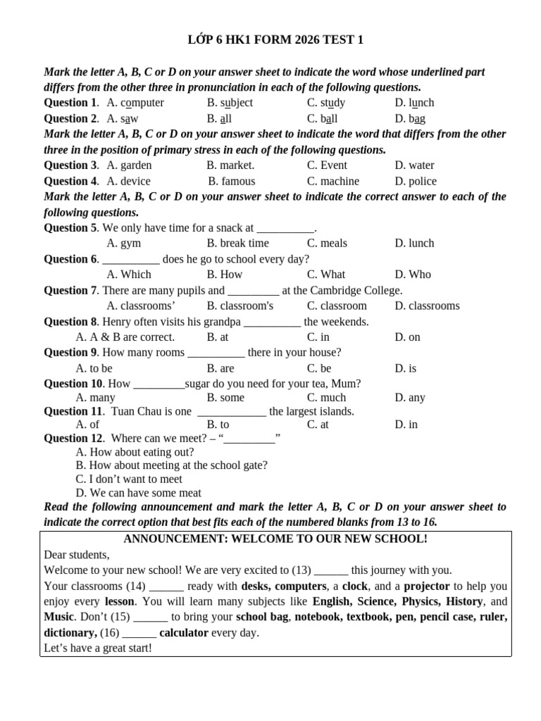 Lớp 6 Hk1 Form 2026 Test 1 | PDF | Underwater Diving