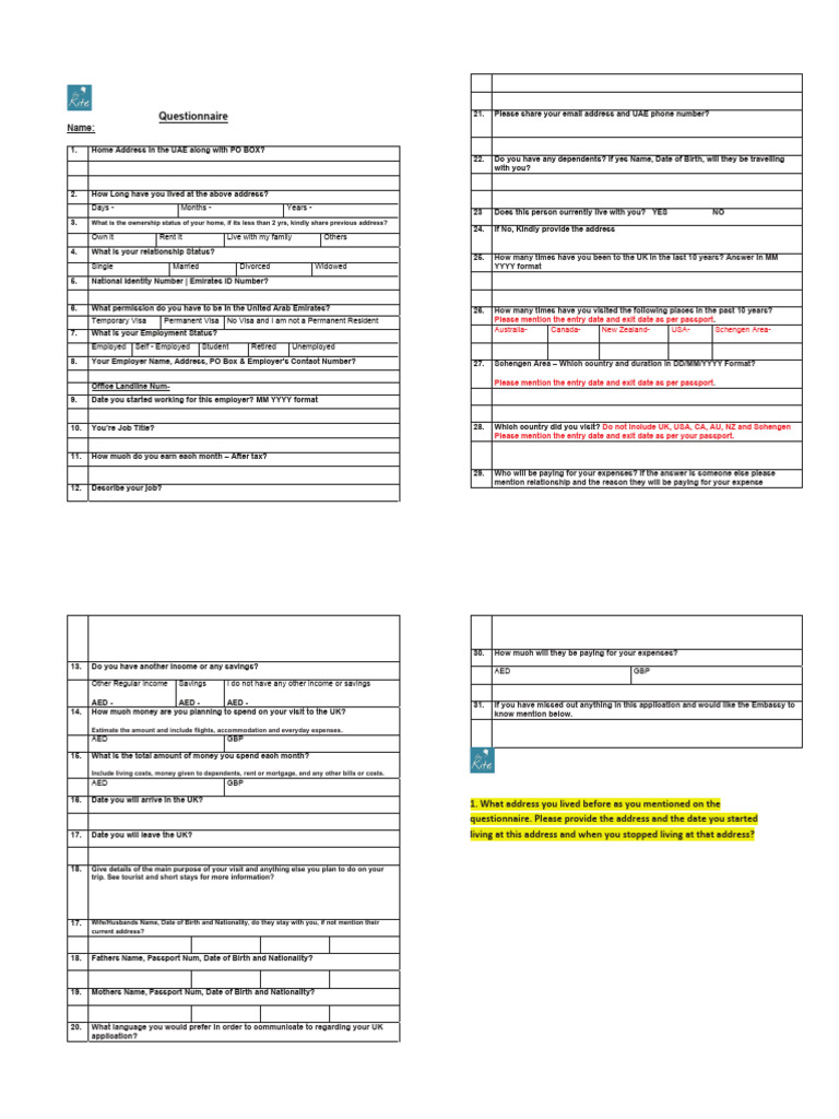 UAE Visitor Questionnaire Template | PDF | Travel Visa