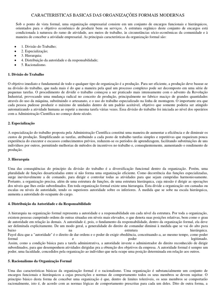 1 Características Básicas Das Organizações Formais Modernas
