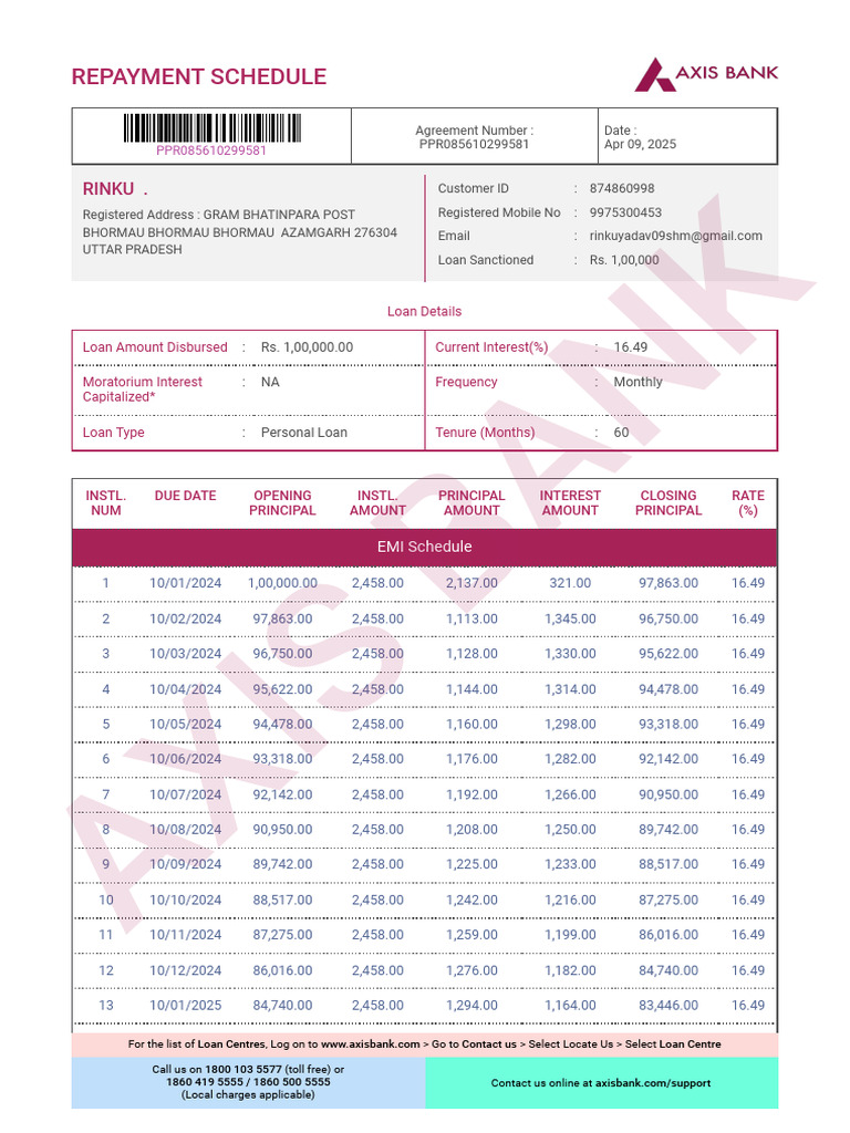 PPR085610299581 Repayment Schedule | PDF | Loans | Demand For Money