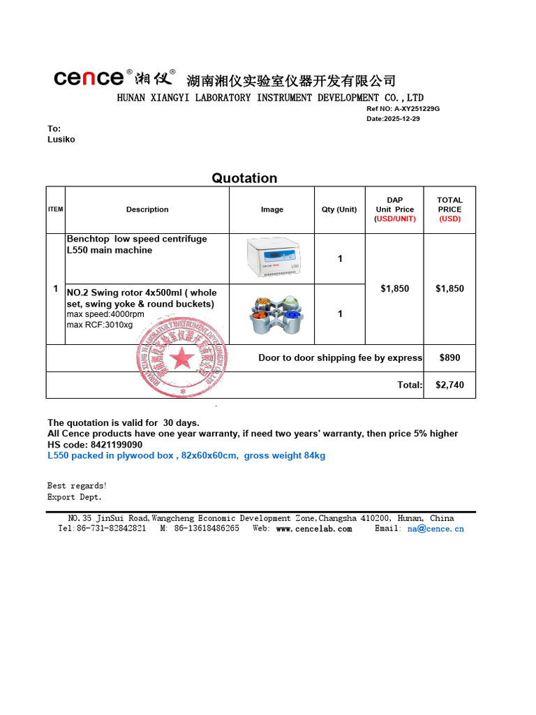 Hunan Xiangyi Lab Equipment Quotation | PDF