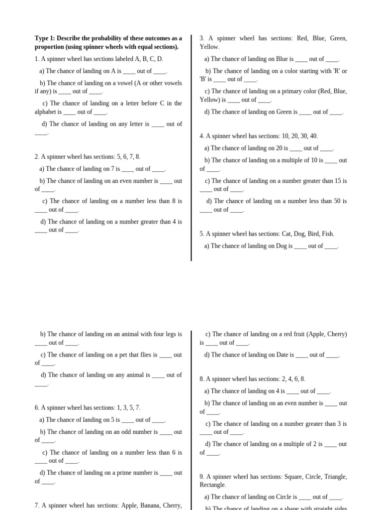 Spinner and Dice Probability Exercises | PDF